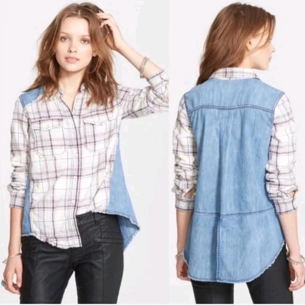 Free People Road Trip Flannel Shirt Plaid Blue Denim Boho Button Up Women's XS